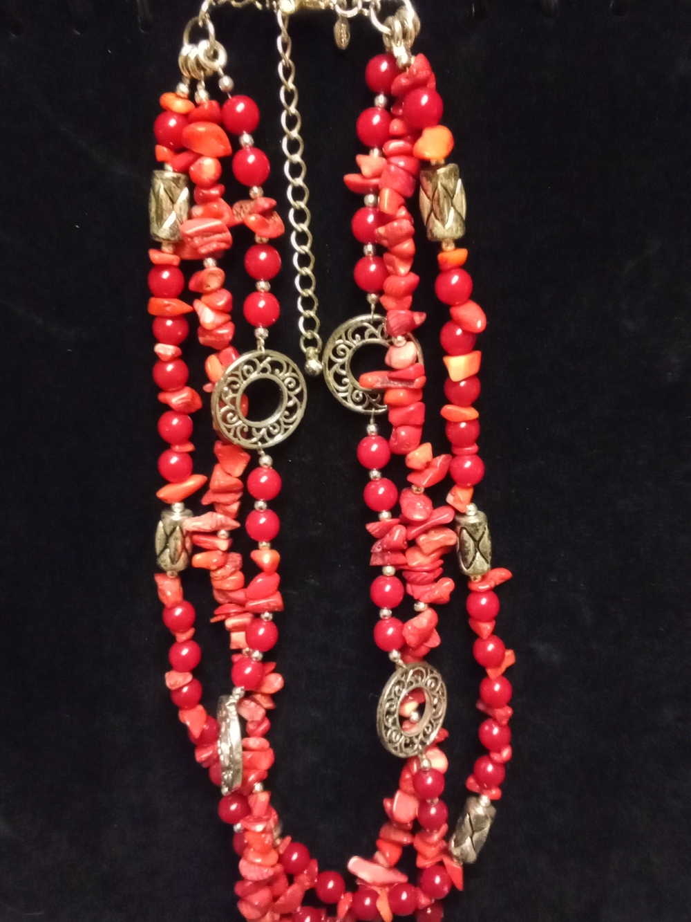 Premier Designs Triple Strand Red & Silver Beaded Necklace